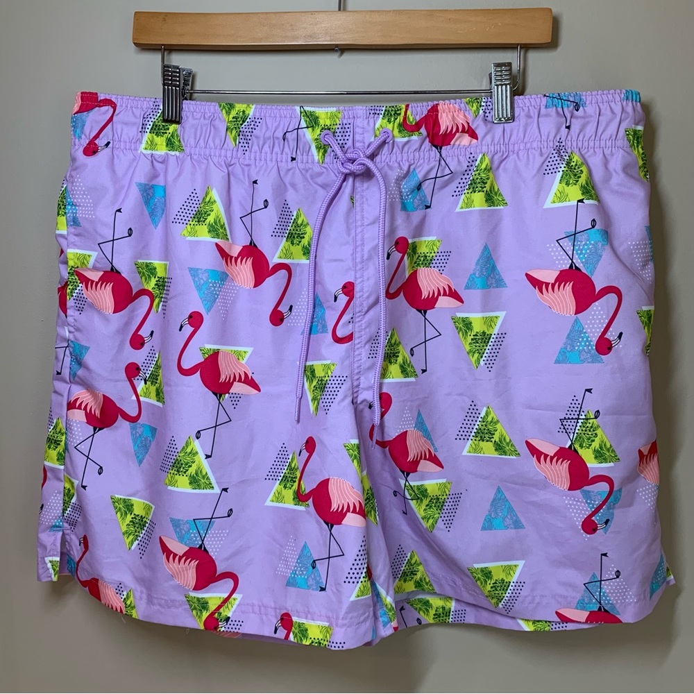 George Flamingo Swim Trunks, Purple Flamingo Print, XL, Like New